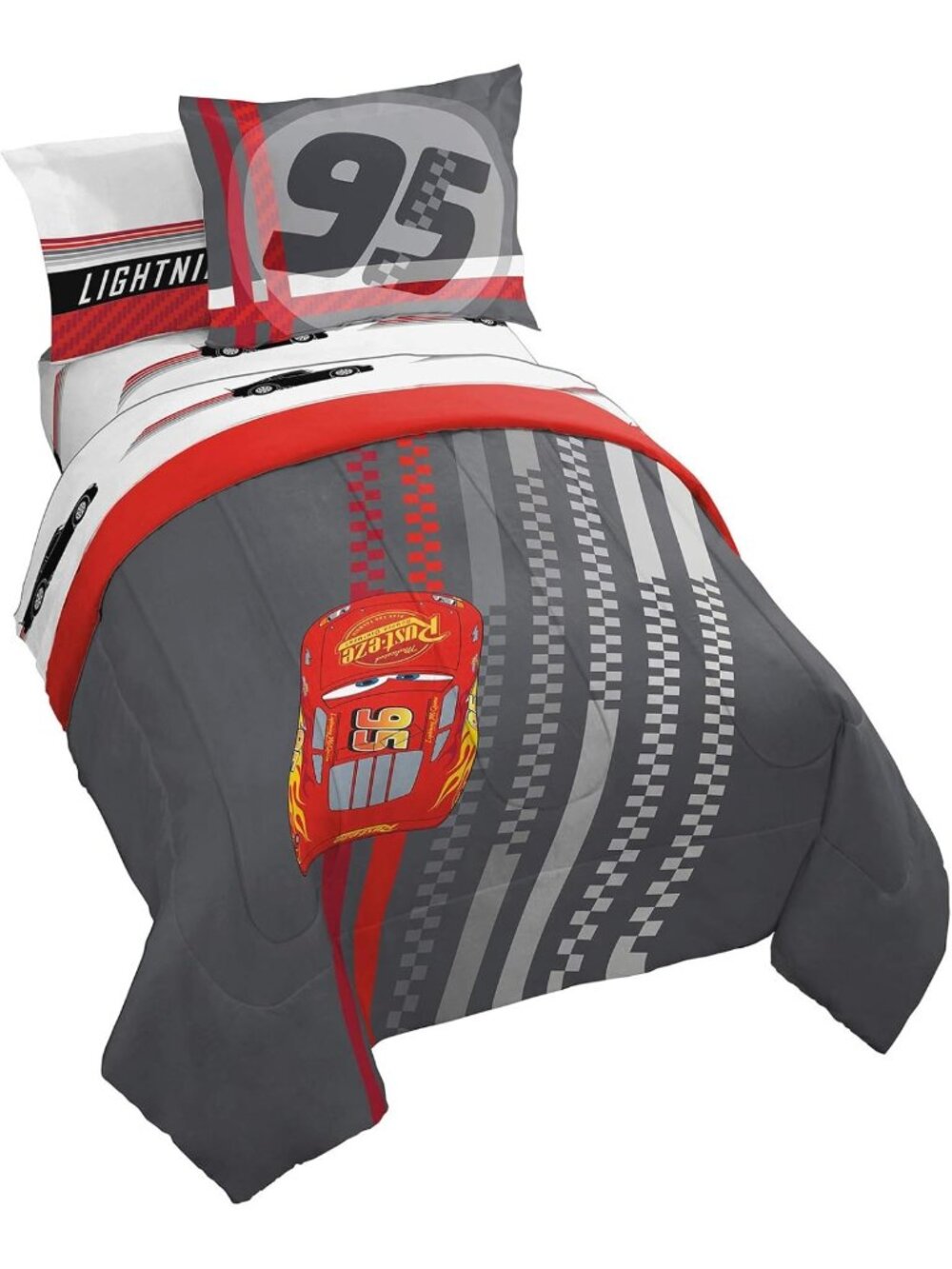 Full Size 7-Piece Cars Comforter Set - Cozy Gray Bedding for Kids' Room